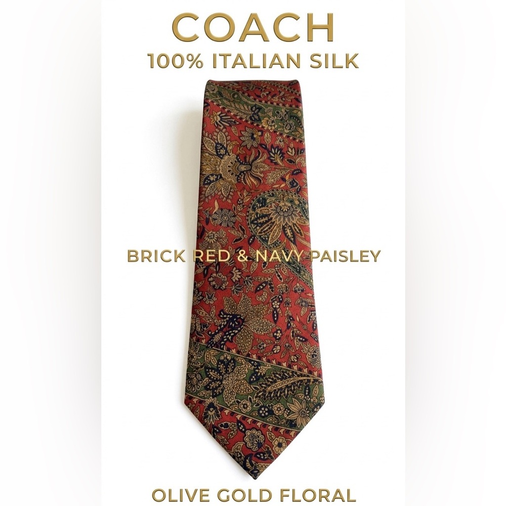 Coach 100% Italian silk men’s tie. Brick red, navy, gold, olive paisley.